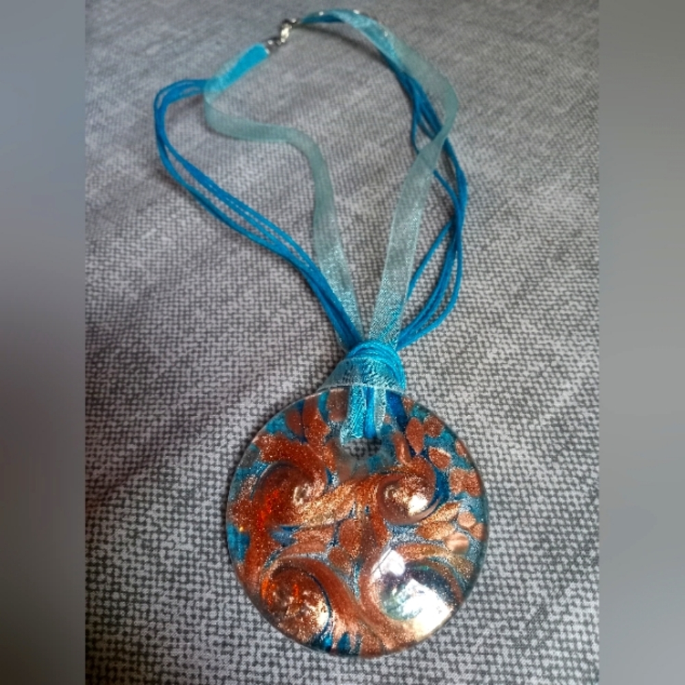 rare exotic Gold and turquoise glass pendant necklace